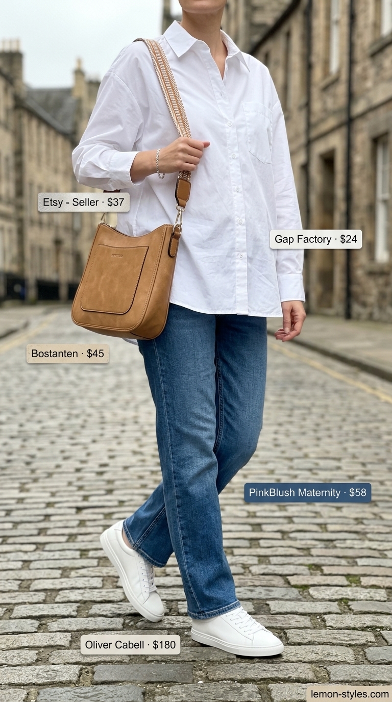 Casual maternity summer outfits 2026: Relaxed fit jeans with oversized white shirt, sneakers, and crossbody bag.