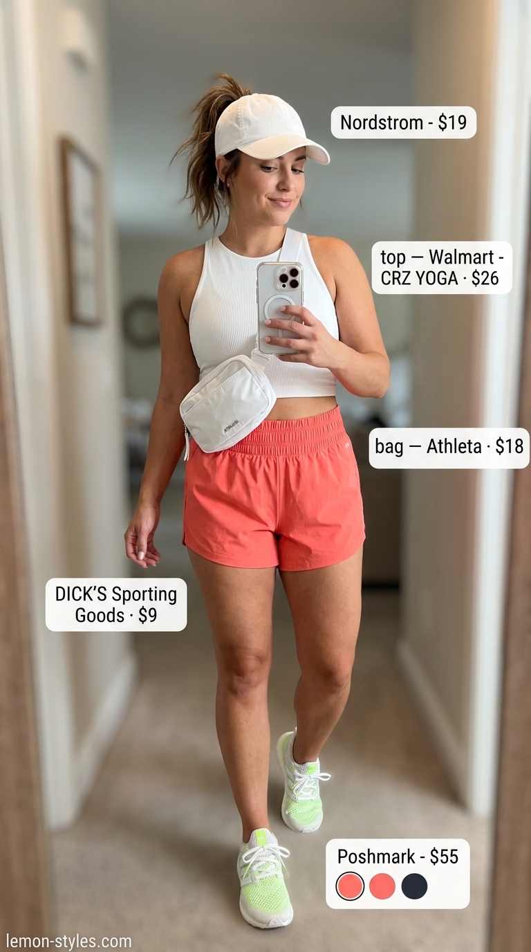 Active Casual Short Outfits Summer for Women 2026 Sporty coral shorts outfit for women 2026: performance tank, sneakers, belt bag, baseball cap.