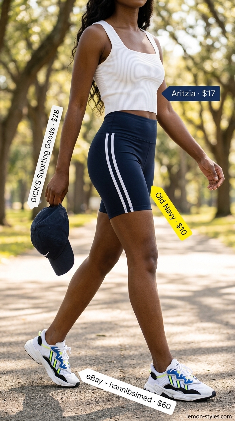 Casual Short Outfits Summer for Women 2026: Athleisure Park Day Navy athletic shorts with yellow belt bag for casual short outfits summer for women 2026 sporty park day.