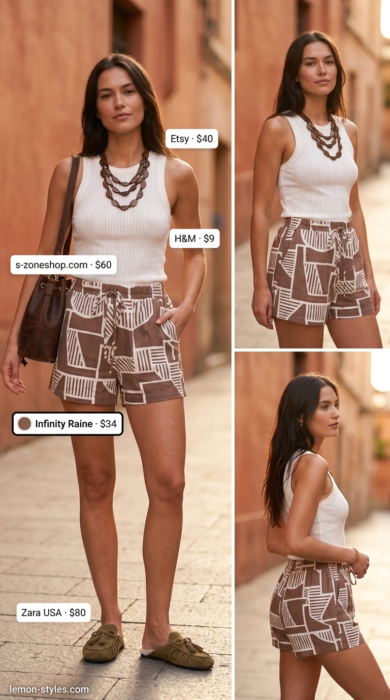 Bohemian Casual Short Outfits Summer for Women 2026 Bohemian abstract shorts outfit for women 2026: loose tank, suede mules, wood necklace, woven bag.
