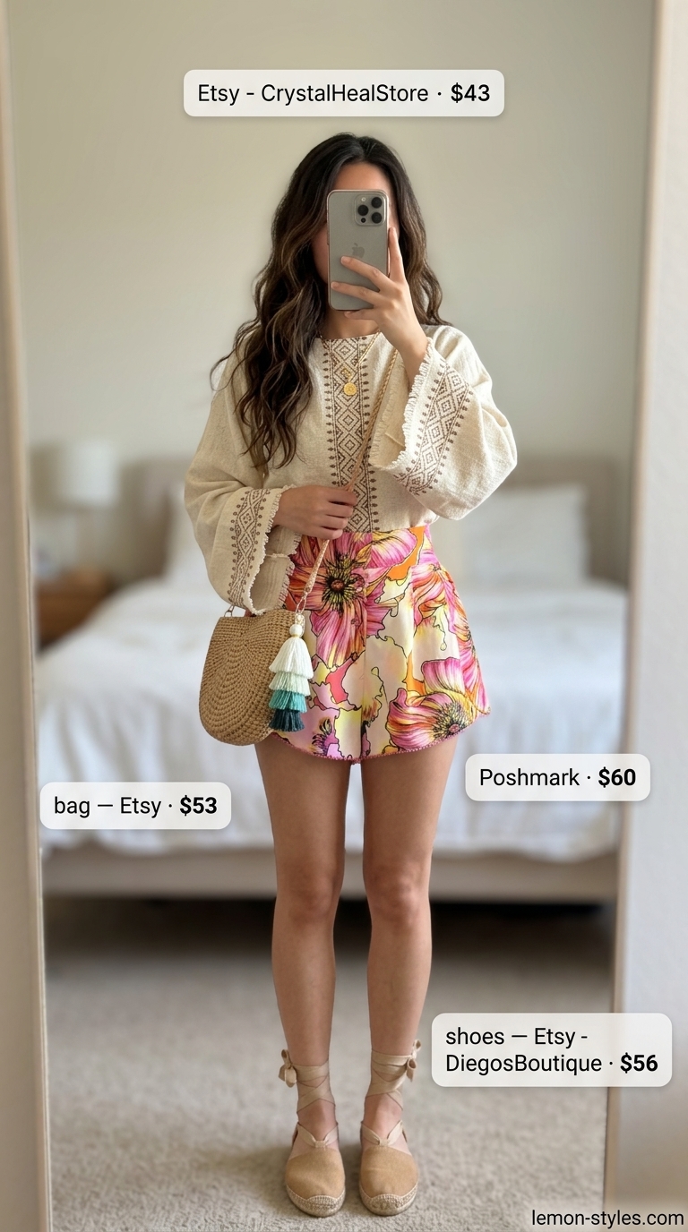 Casual Short Outfits Summer for Women 2026: Boho Garden Party Floral print shorts with white peasant blouse for casual short outfits summer for women 2026 boho garden party.