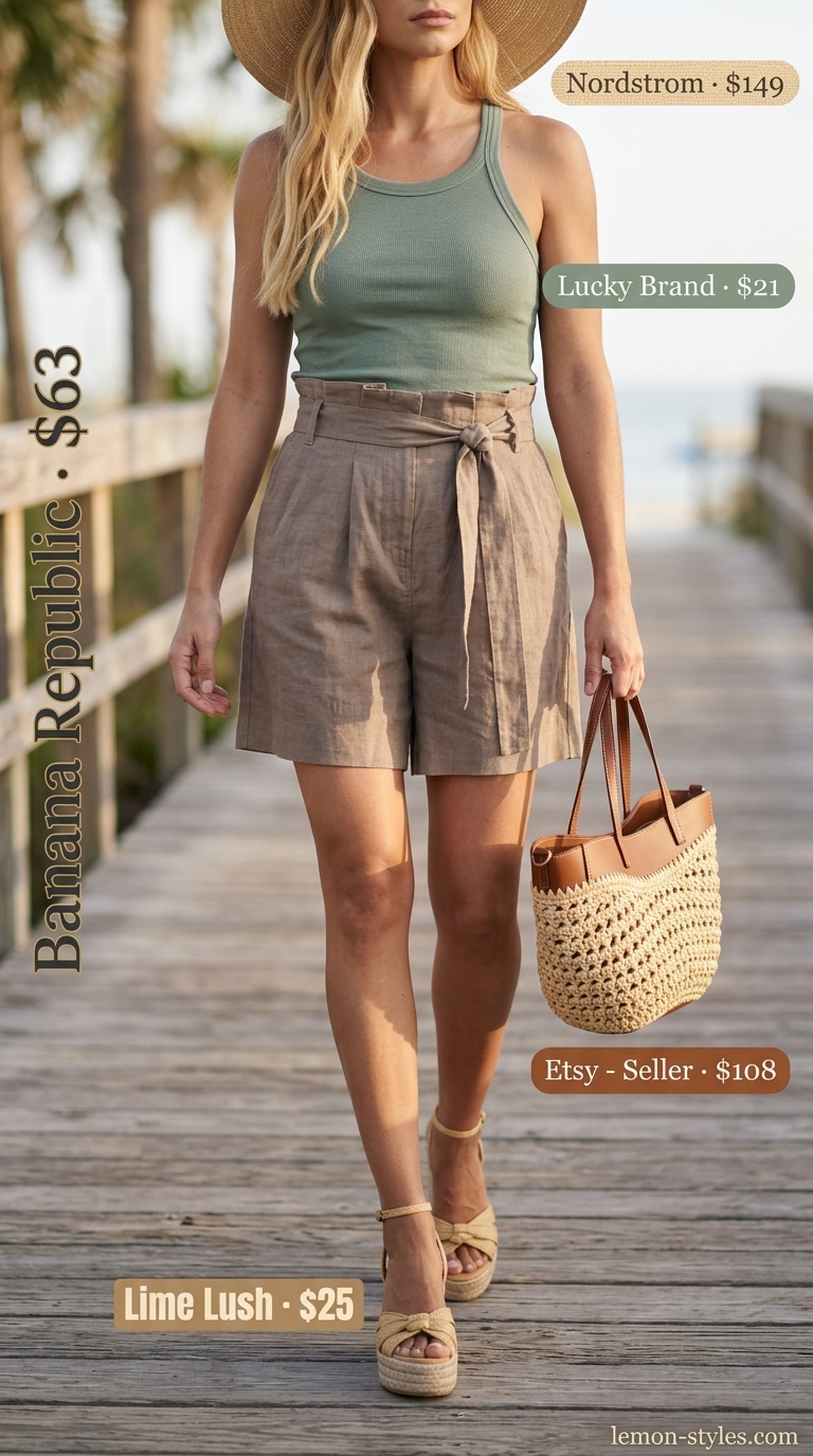 Casual Short Outfits Summer for Women 2026: Coastal Escape Oatmeal linen shorts with sage green tank for casual short outfits summer for women 2026 breezy coastal style.