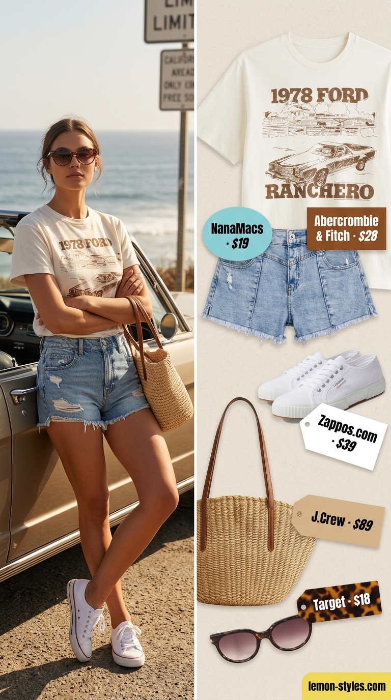 Casual Short Outfits Summer for Women 2026: Coastal Cruise Style Casual short outfits summer for women 2026: Distressed denim shorts, graphic tee, straw tote, and sneakers for a relaxed day out.