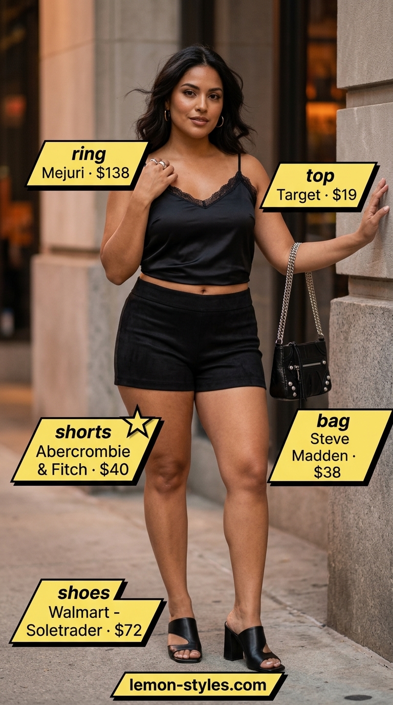 Casual Short Outfits Summer for Women 2026: Edgy Date Night Edgy black faux leather shorts with emerald green satin camisole for casual short outfits summer for women 2026.