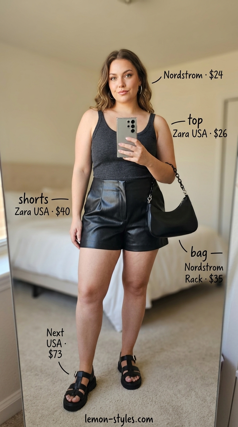 Casual Short Outfits Summer for Women 2026: Edgy Summer Nights Casual short outfits summer for women 2026: Faux leather shorts, ribbed tank, chunky sandals, and shoulder bag for edgy nights.