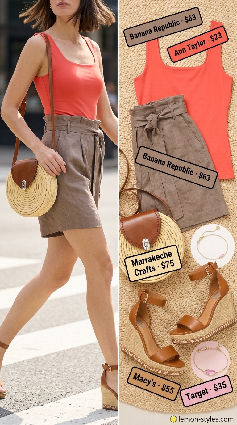 Casual Short Outfits Summer for Women 2026: Mediterranean Brunch Coral paperbag shorts with square neck top for casual short outfits summer for women 2026 Mediterranean brunch.