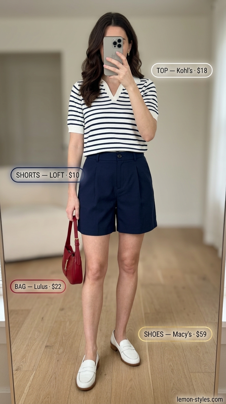 Casual Short Outfits Summer for Women 2026: Preppy Lakeside Navy pleated chino shorts with striped sweater for casual short outfits summer for women 2026 preppy lakeside style.