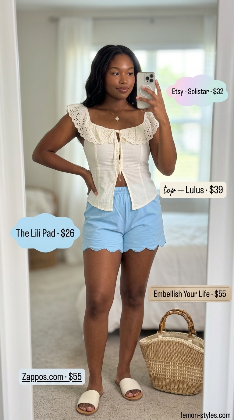 Casual Short Outfits Summer for Women 2026: Charming Resort Stroll Casual short outfits summer for women 2026: Scalloped shorts, eyelet top, straw bag, and leather slides for a resort stroll.