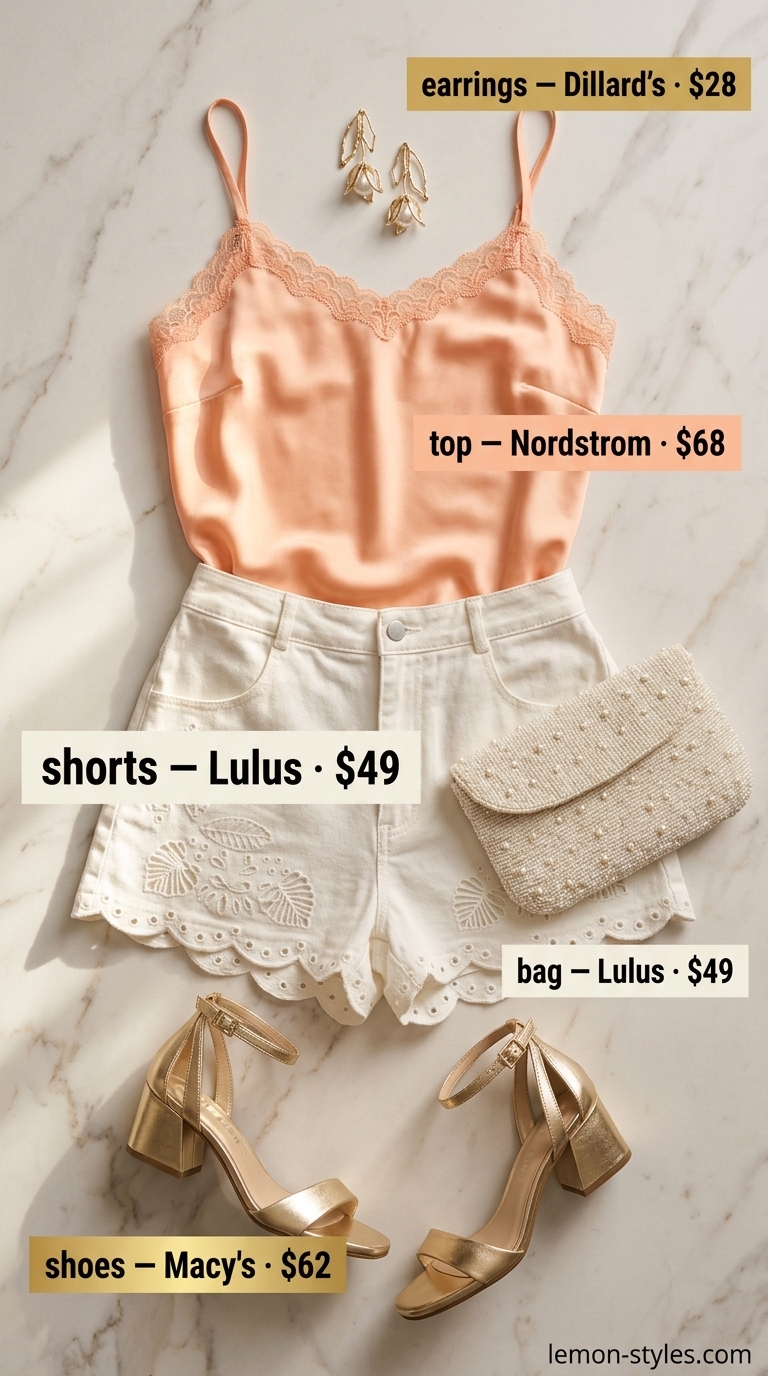 Romantic Casual Short Outfits Summer for Women 2026 Romantic peach shorts outfit for women 2026: satin camisole, eyelet shorts, pearl clutch, gold sandals.
