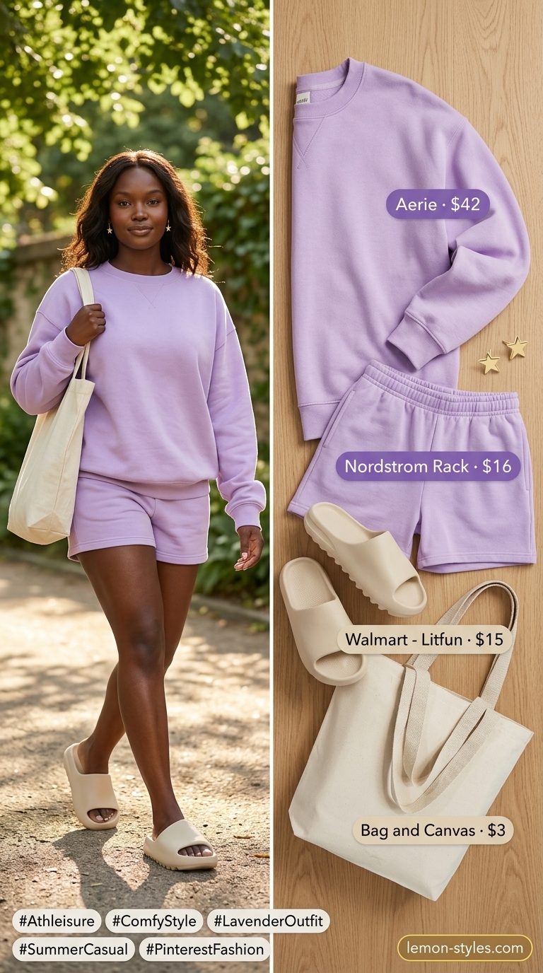 Cozy Casual Short Outfits Summer for Women 2026 Cozy lavender shorts outfit for women 2026: oversized sweatshirt, slide sandals, canvas tote, gold studs.