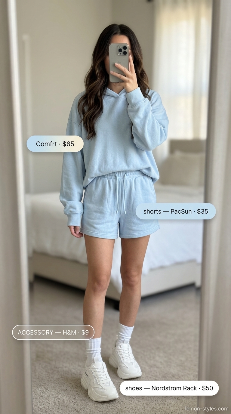 Casual Short Outfits Summer for Women 2026: Sporty Luxe Lounge Casual short outfits summer for women 2026: Terry cloth shorts, hoodie, crossbody bag, and chunky sneakers for sporty comfort.