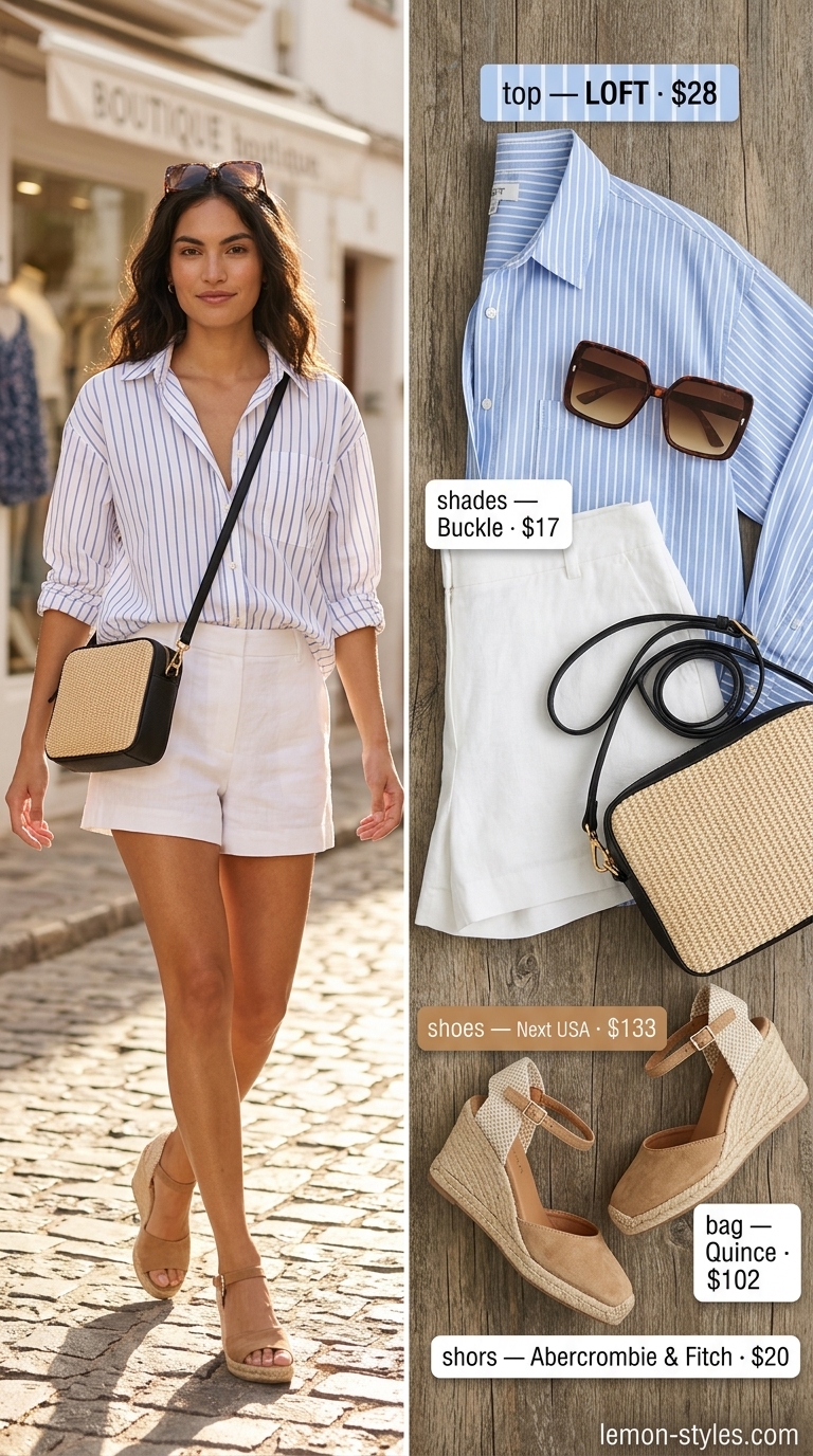 Casual Short Outfits Summer for Women 2026: Sunny Brunch Style Casual short outfits summer for women 2026: Linen shorts, striped shirt, espadrilles, and woven bag for a fresh brunch look.