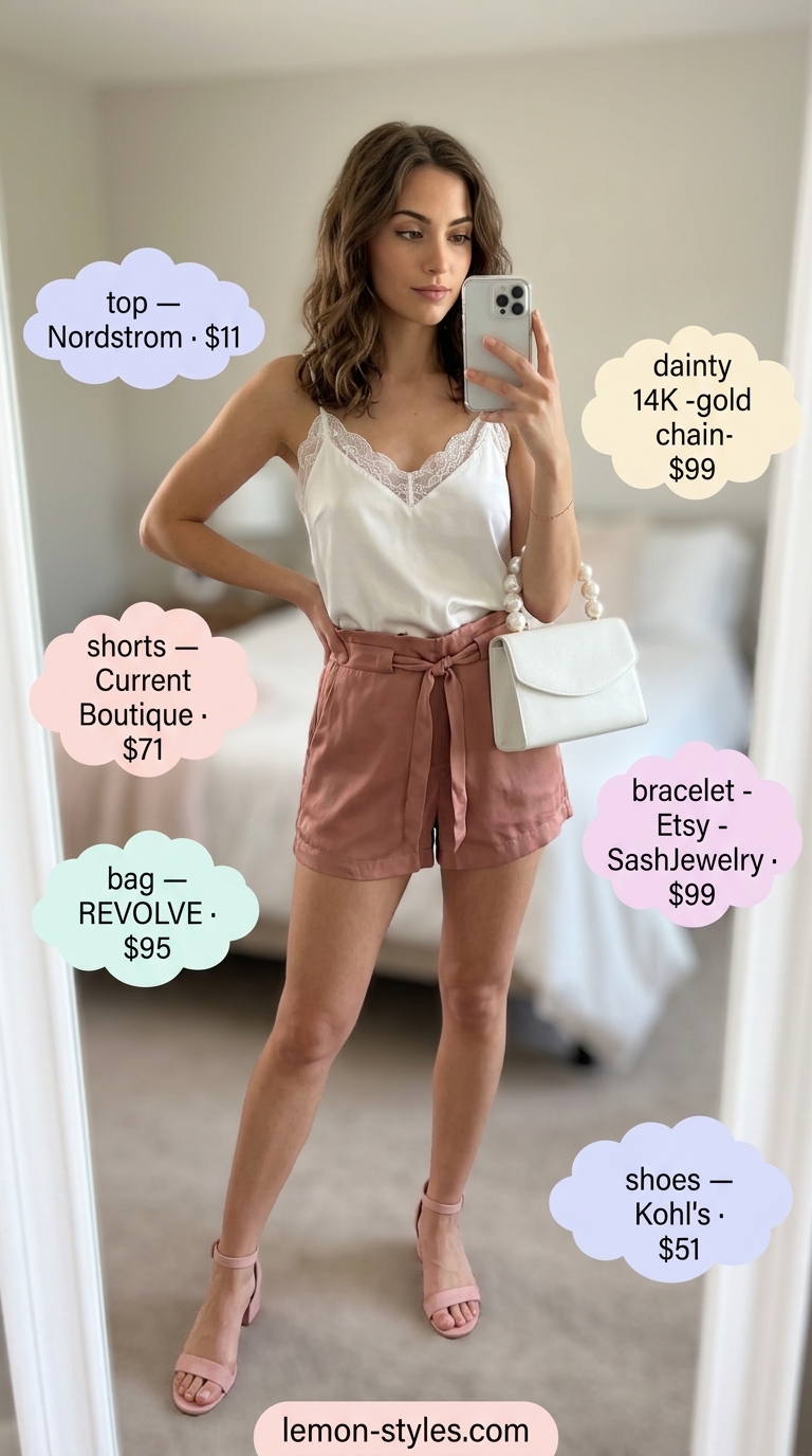 Casual Short Outfits Summer for Women 2026: Sweet Summer Picnic Casual short outfits summer for women 2026: Paperbag shorts, lace cami, block heels, and structured bag for a sweet picnic.