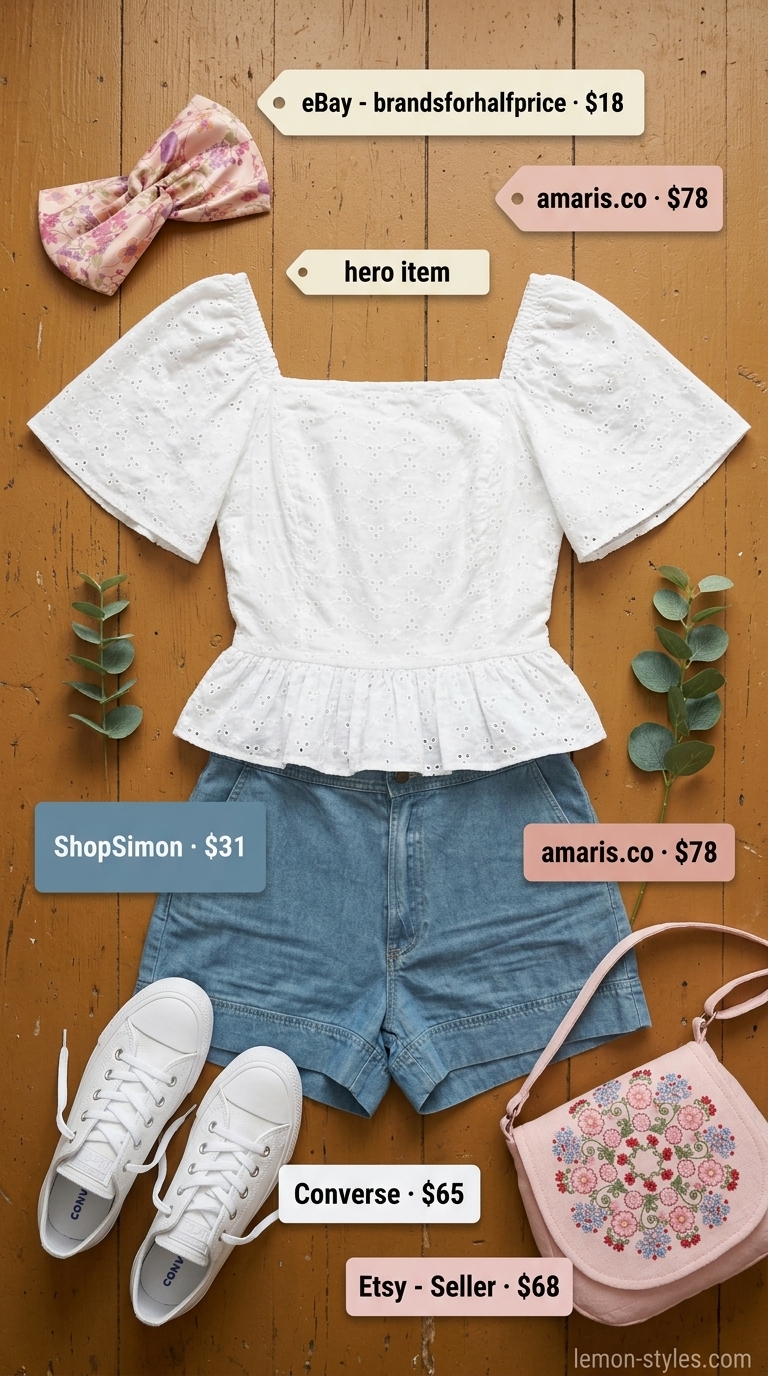 Casual Short Outfits Summer for Women 2026: Sweet Picnic Day Casual short outfits summer for women 2026: Chambray shorts, eyelet blouse, floral headband, and sneakers for a sweet picnic.