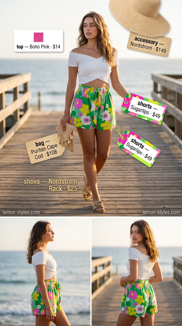 Tropical Casual Short Outfits Summer for Women 2026 Vibrant floral shorts outfit for women 2026: off-shoulder top, straw hat, raffia clutch, embellished sandals.