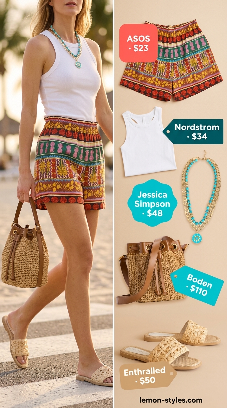 Casual Short Outfits Summer for Women 2026: Tropical Vacation Vibrant tropical print shorts with a white ribbed tank for casual short outfits summer for women 2026 vacation style.
