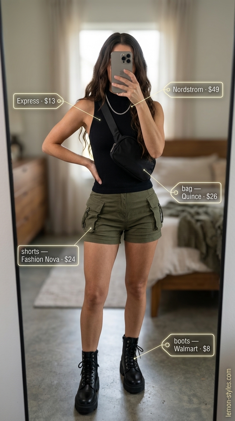Olive green cargo shorts with black mock neck top for casual short outfits summer for women 2026 city exploration.