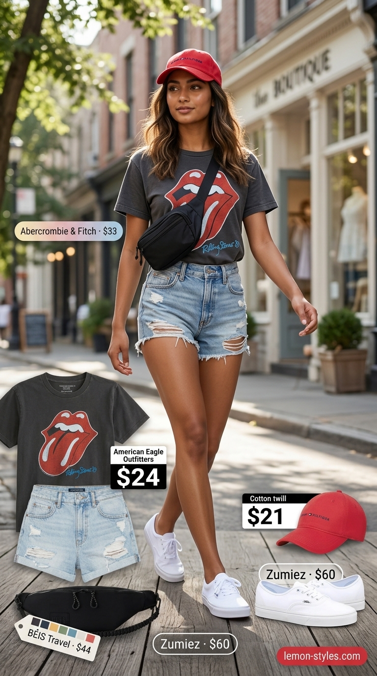 Festival Casual Short Outfits Summer for Women 2026 Festival-ready denim shorts outfit for women 2026: band tee, baseball cap, canvas sneakers, fanny pack.
