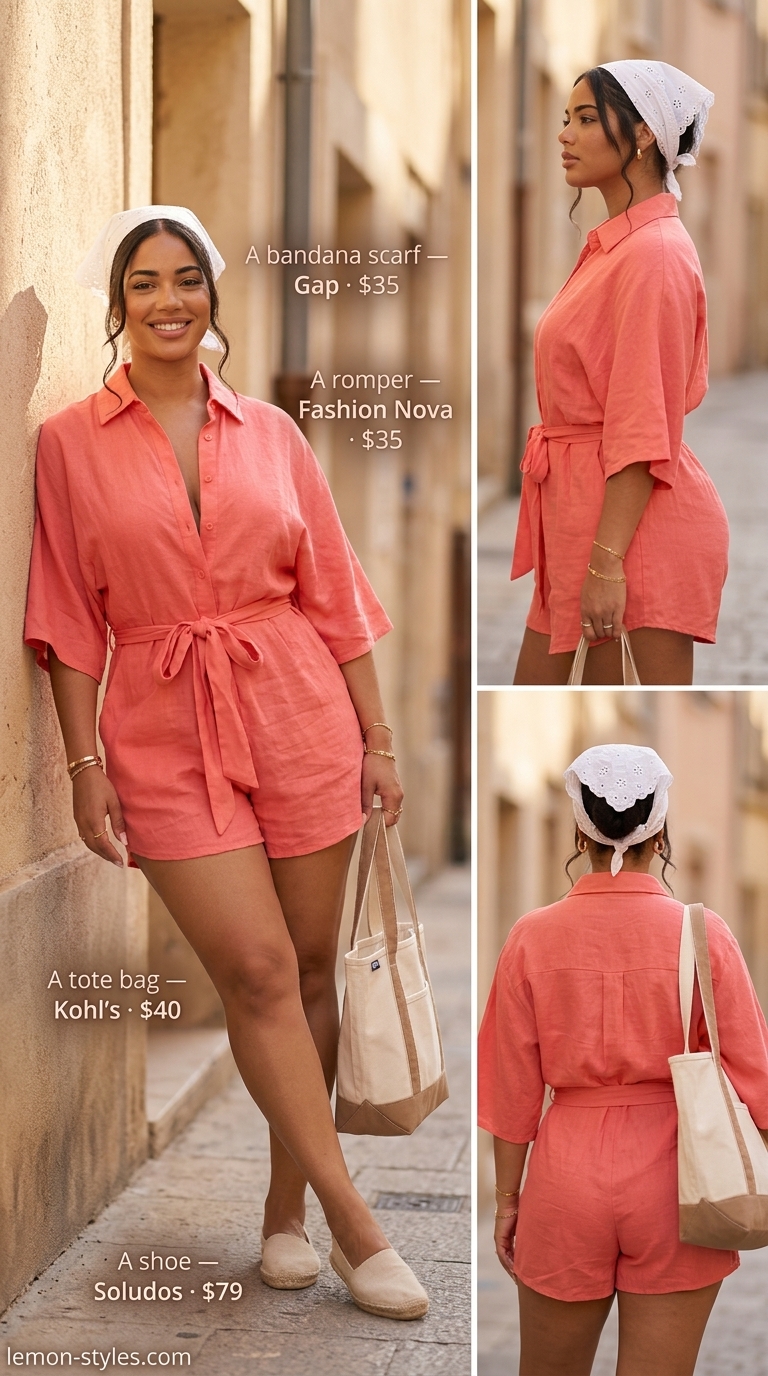 Bright coral romper outfit for women 2026, great for day trips and casual outings. Accessorize with a canvas tote and bandana.