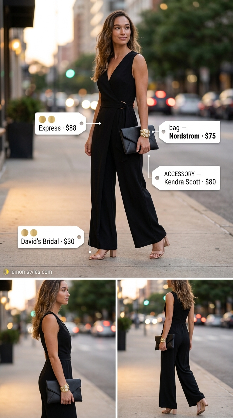 Black wide-leg romper outfit for women 2026, ideal for summer evenings and casual dinners. Style with nude heels and gold accessories.