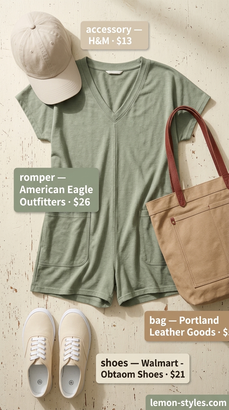 Sage green romper outfit for women 2026, perfect for farmers markets and casual errands. Style with cream sneakers and a brown tote.