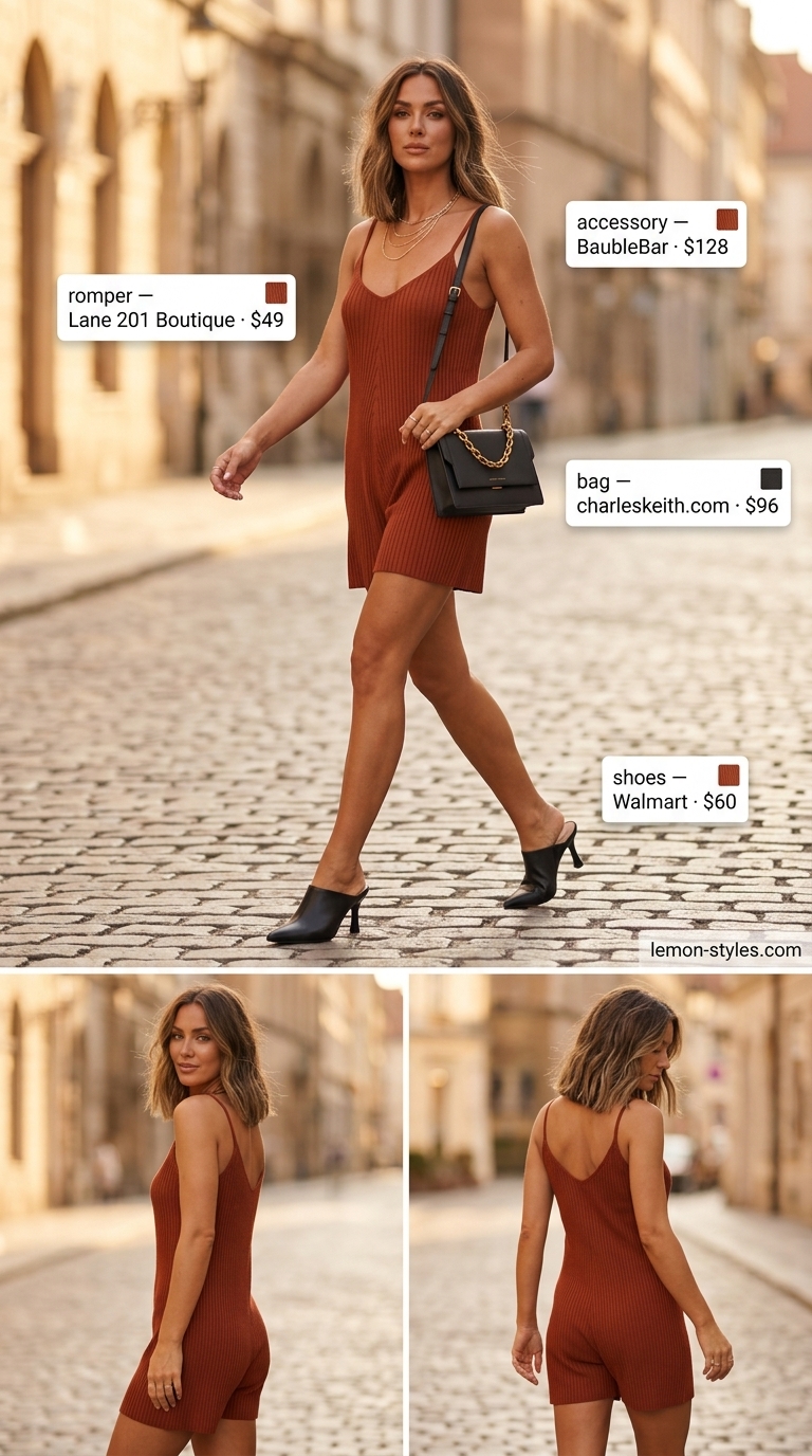 Terracotta knit romper outfit for women 2026, perfect for evening drinks and summer dates. Style with heeled mules and a crossbody bag.