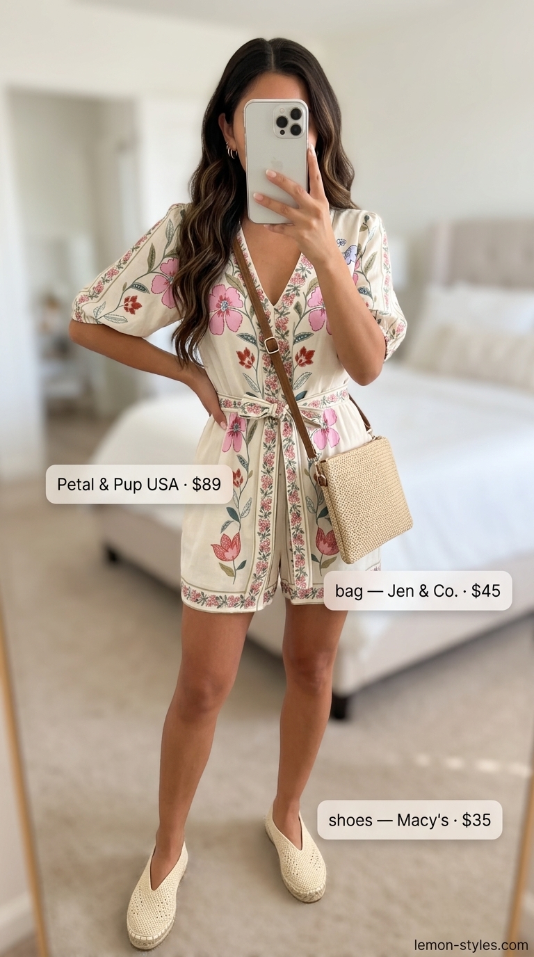 Coral floral romper outfit for women 2026, ideal for picnics and summer festivals. Accessorize with a straw bag and espadrilles.