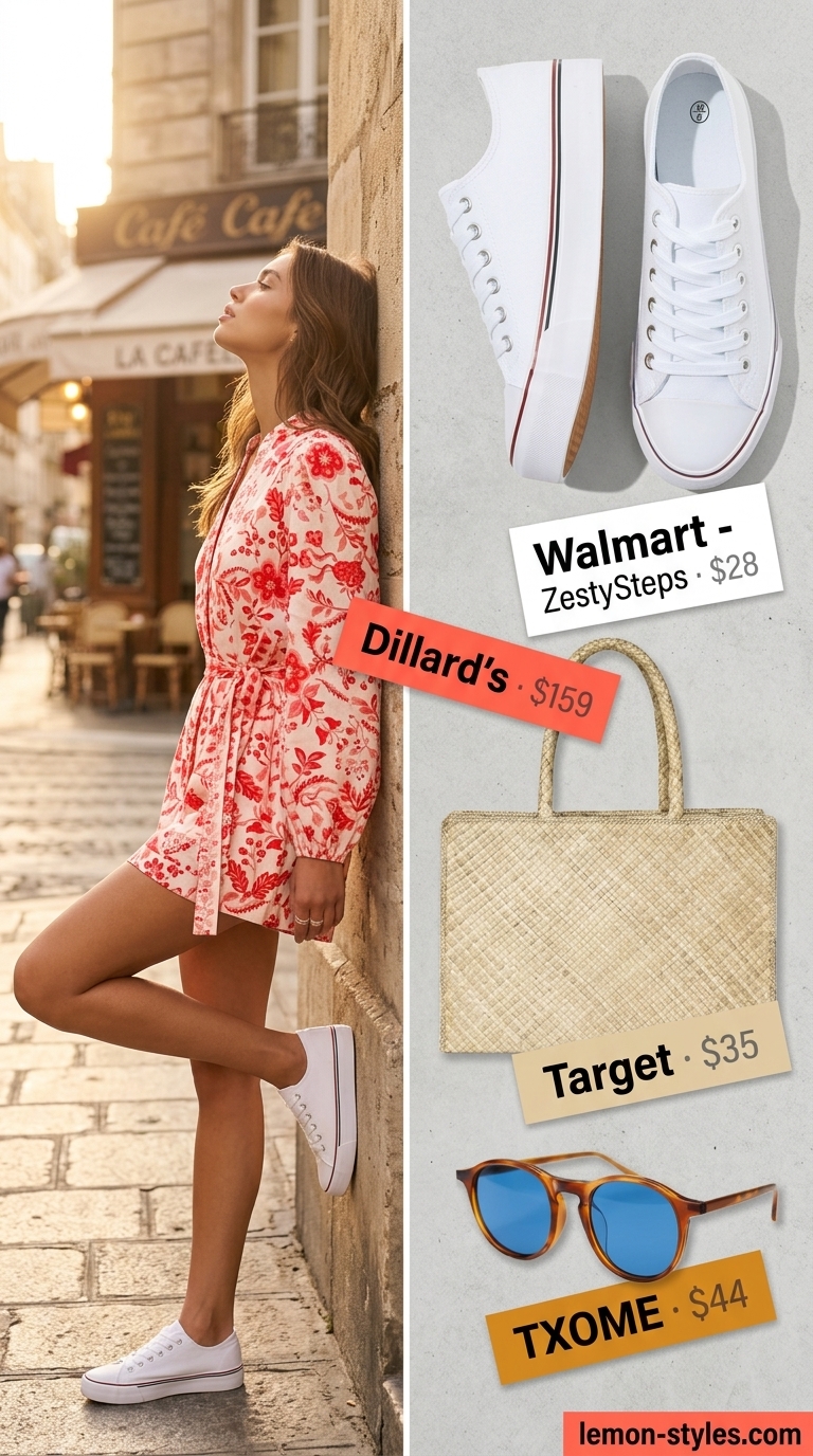 Joyful coral floral romper with straw tote and canvas sneakers for a carefree summer day outfit 2026.