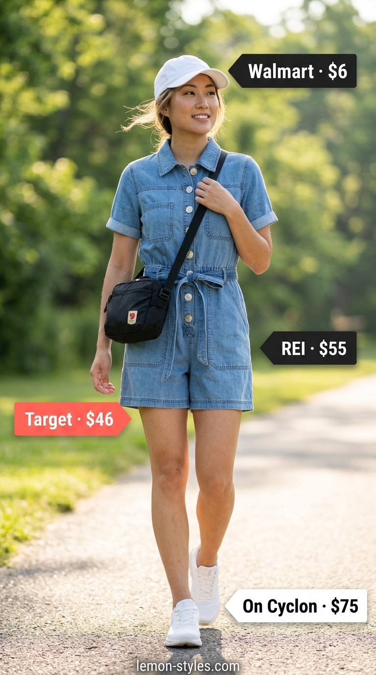 Active medium wash denim romper with athletic sneakers and baseball cap for outdoor activities 2026.