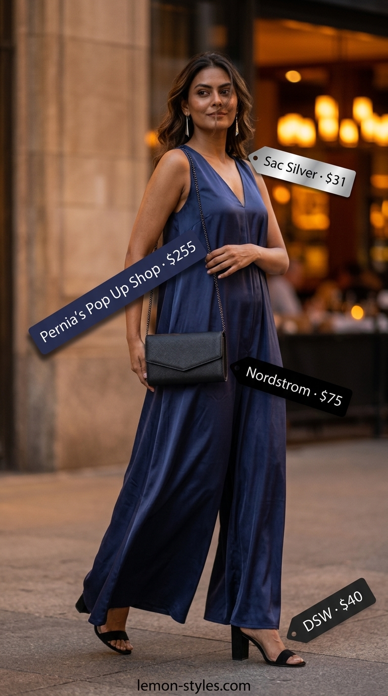 Sophisticated navy blue satin romper with silver drop earrings for a chic summer date night outfit 2026.