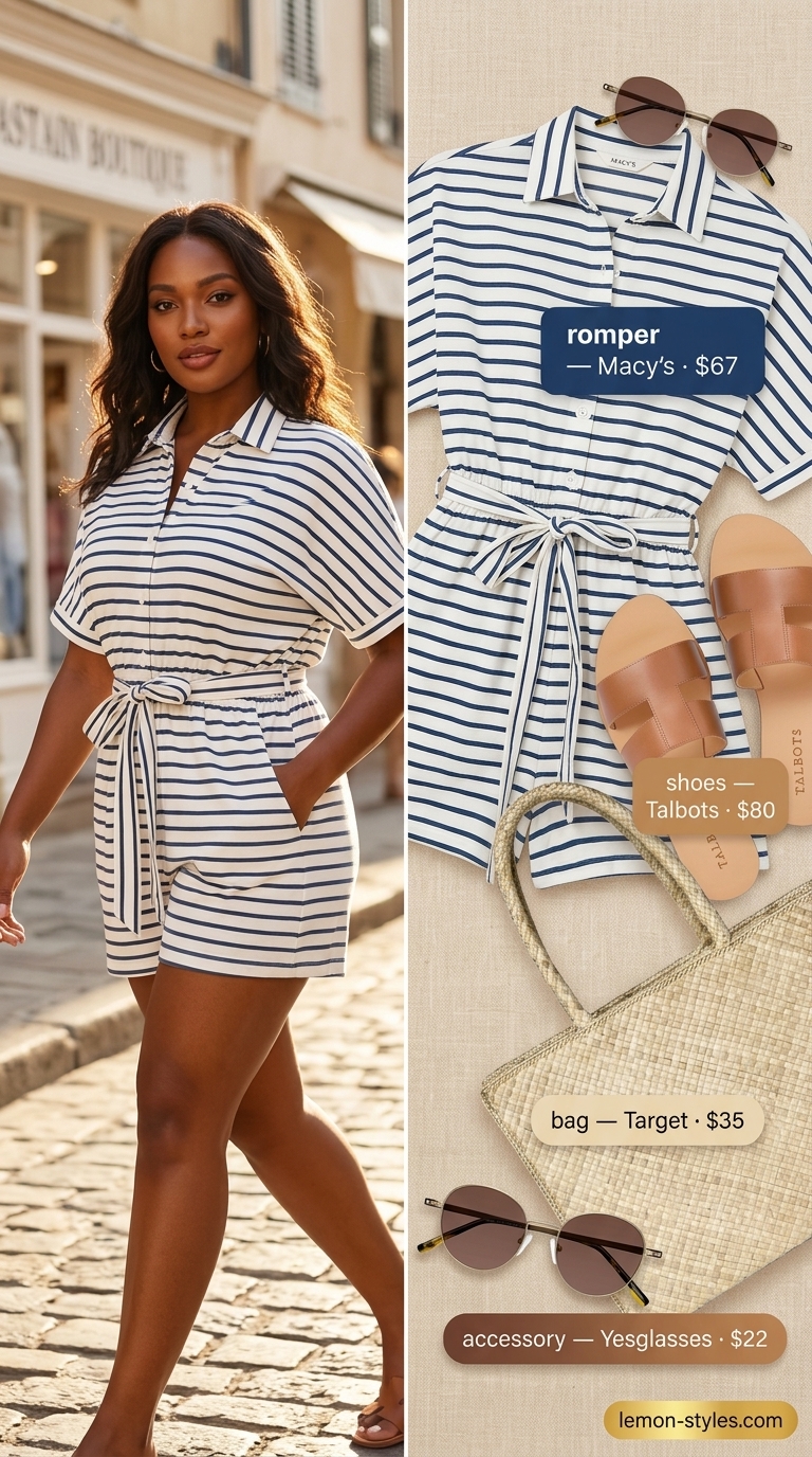 Relaxed navy and white stripe linen romper with straw tote and leather slides for a coastal summer look 2026.