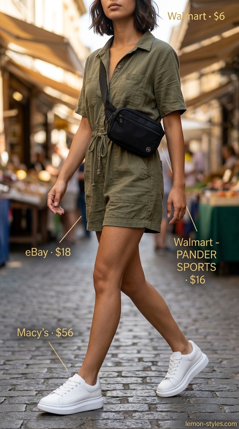 Streetwear olive green utility romper with chunky sneakers and belt bag for city sightseeing 2026.
