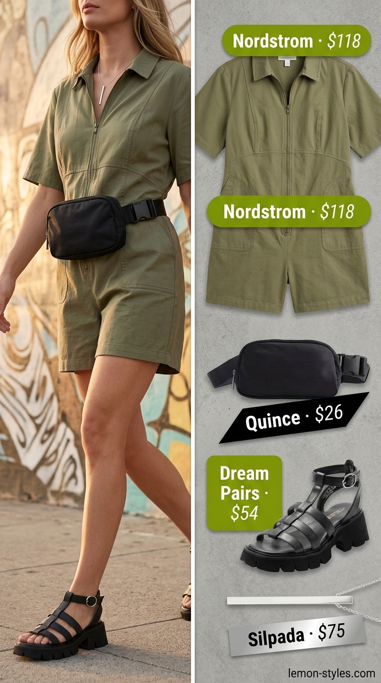 Edgy olive green utility romper with chunky platform sandals and silver necklace for urban exploration 2026.