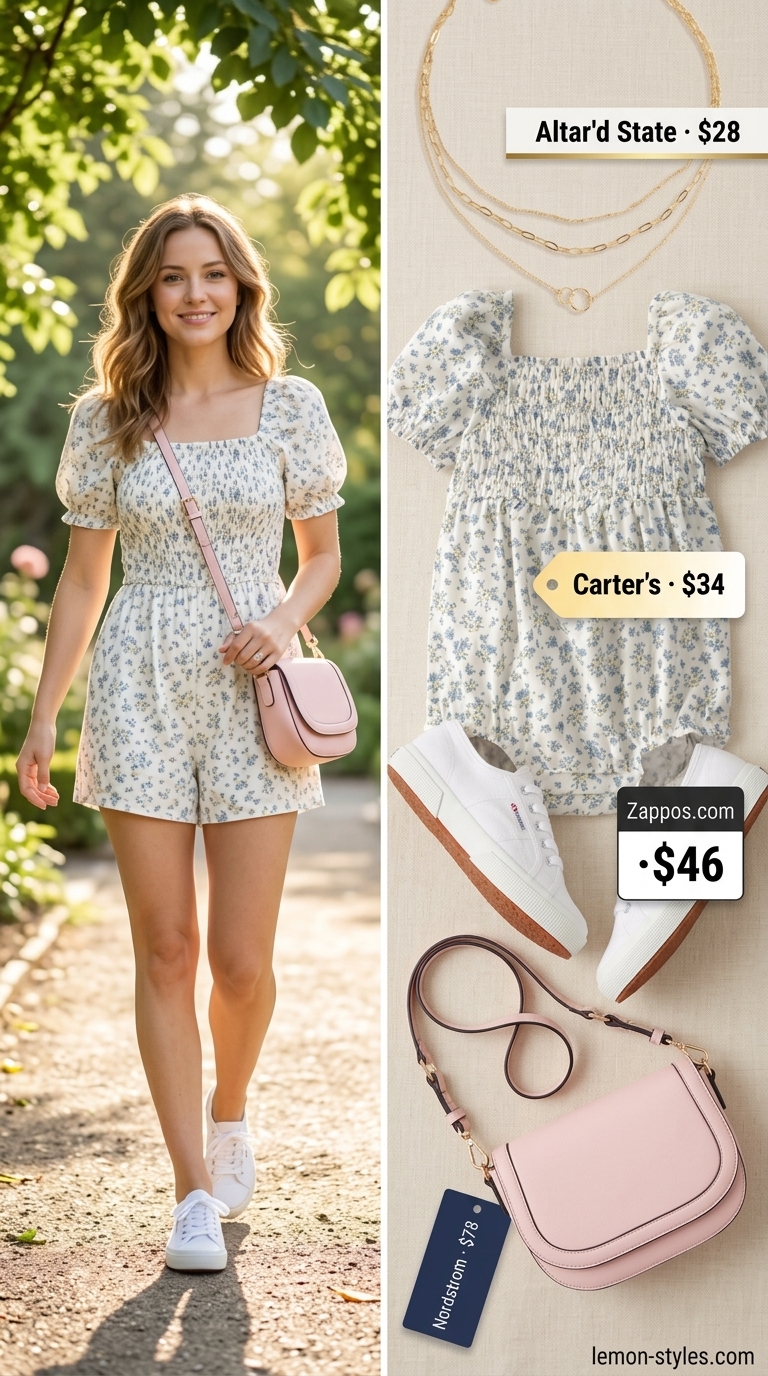 Sweet pastel floral romper with smocked bodice, layered necklaces, and pink crossbody for a picnic outfit 2026.