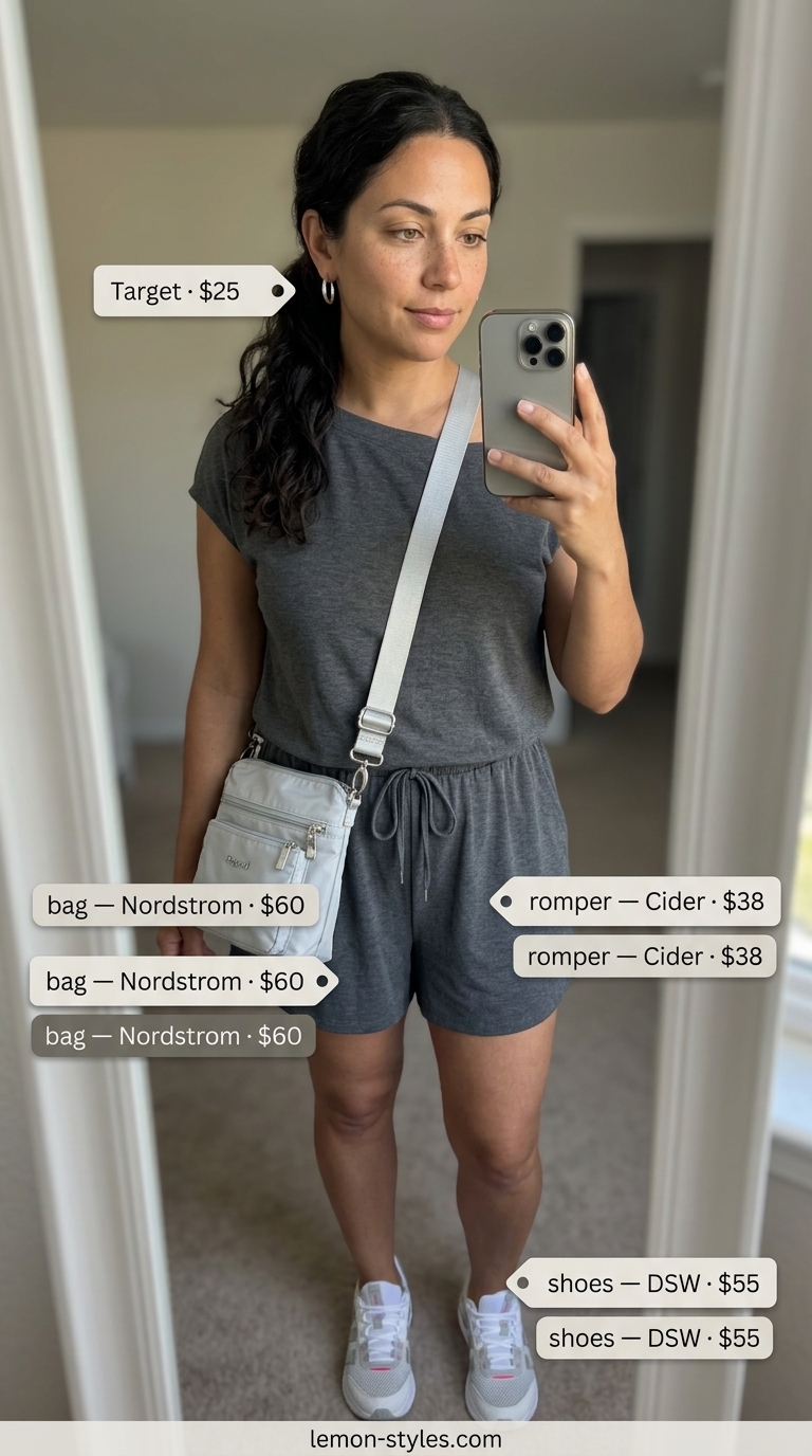 Charcoal grey knit romper, white sneakers, silver earrings for casual summer romper outfits for women 2026.