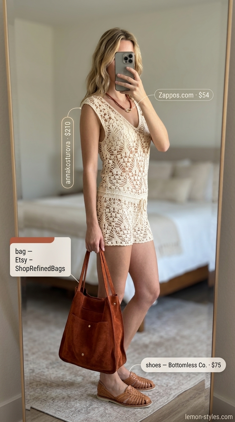 Ecru crochet romper, tan sandals, layered necklaces for casual summer romper outfits for women 2026.