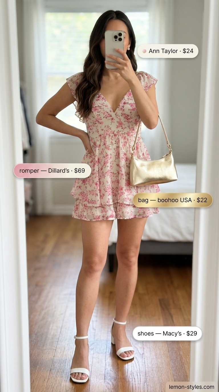 Pastel pink floral romper, gold bag, pearl earrings for casual summer romper outfits for women 2026.