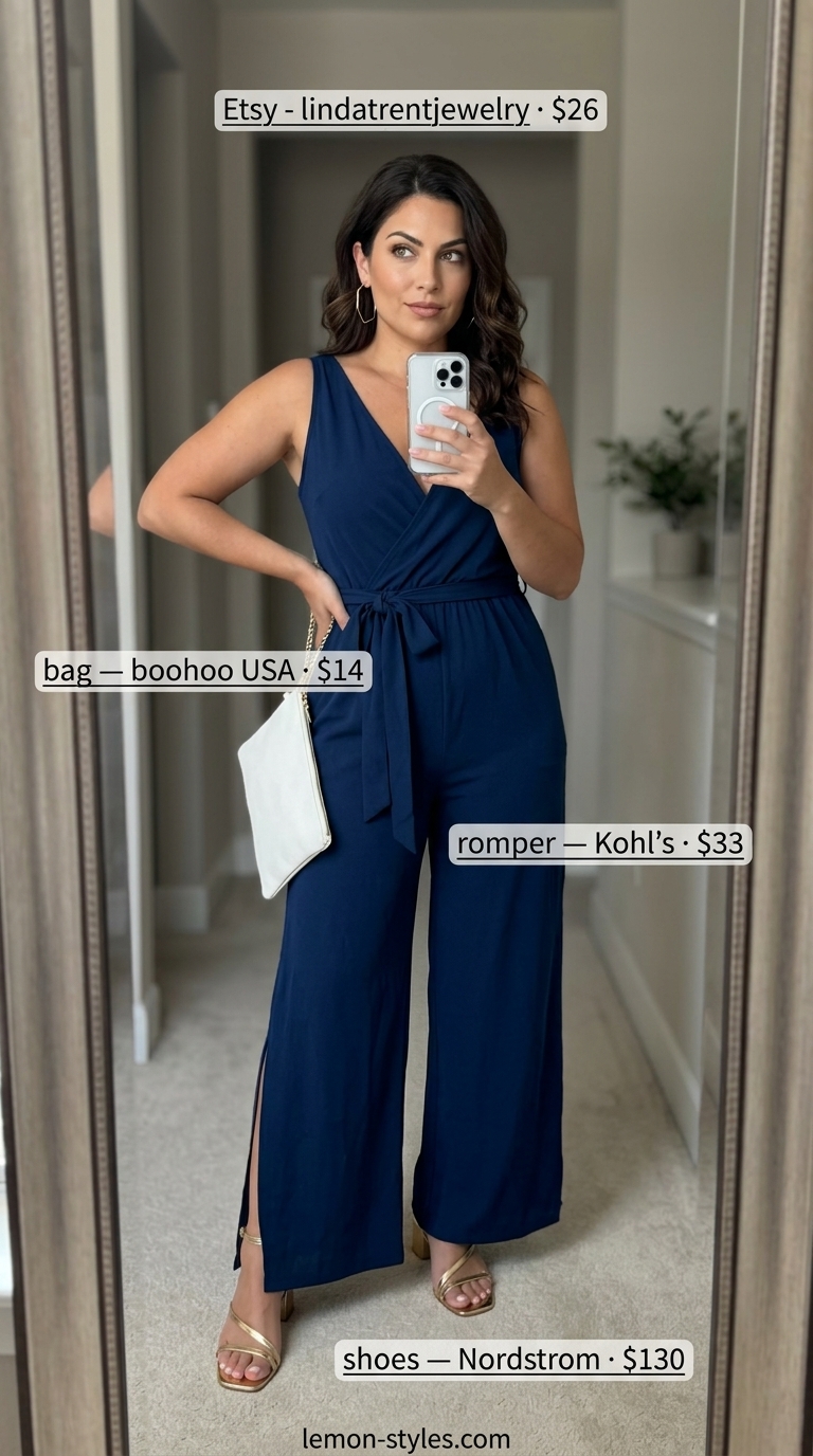 Navy blue wide-leg romper, gold earrings, metallic sandals for casual summer romper outfits for women 2026.