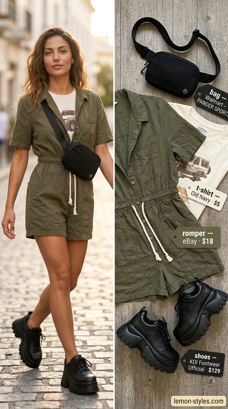 Olive green utility romper, white tee, sneakers for casual summer romper outfits for women 2026.