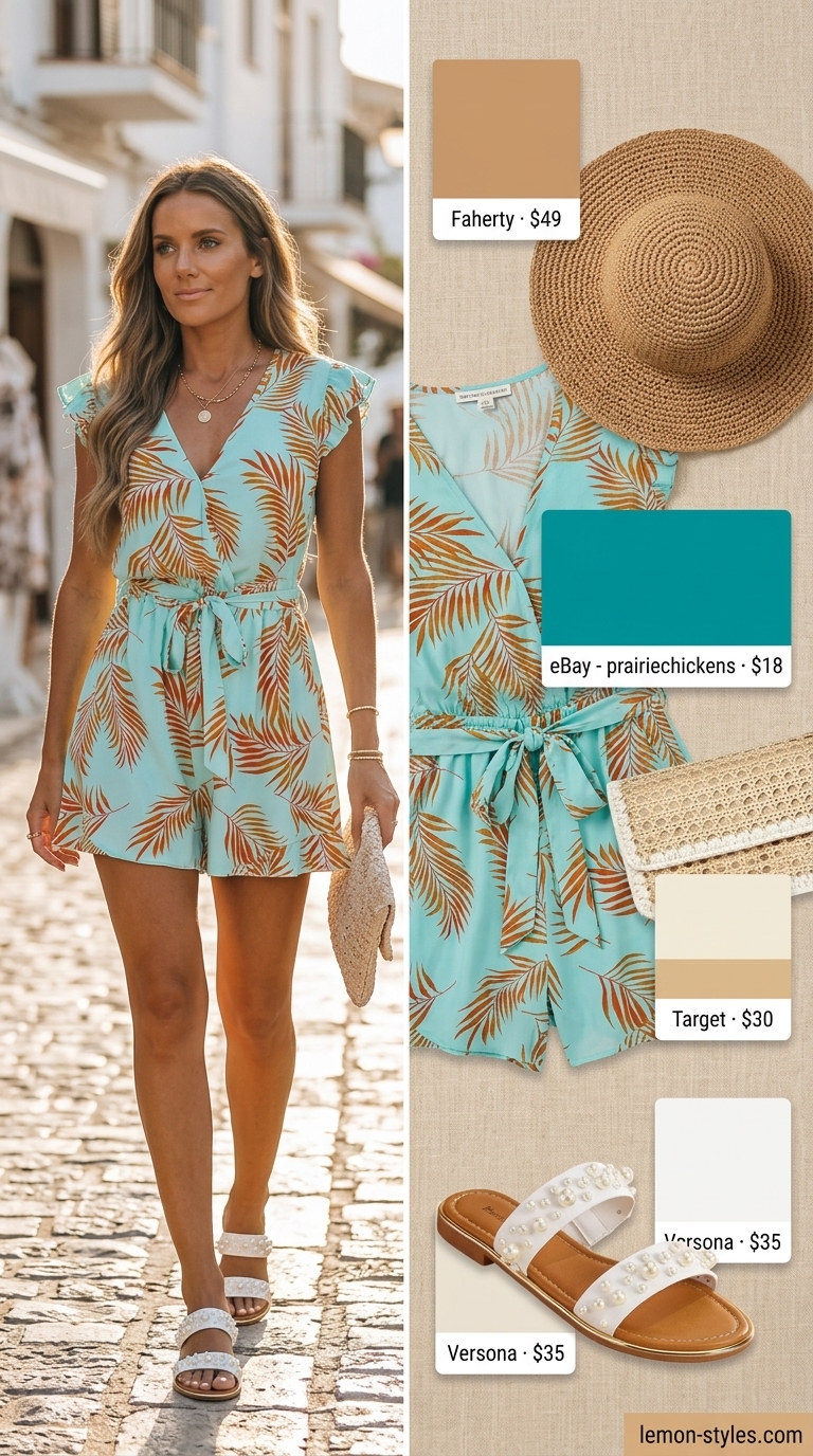 Teal coral romper, straw hat, slide sandals for casual summer romper outfits for women 2026.