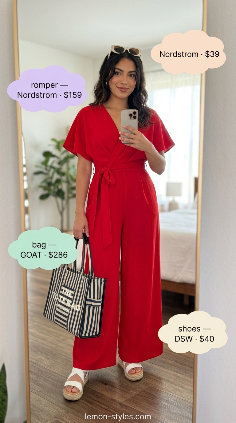 Red wide-leg romper, espadrilles, canvas tote for casual summer romper outfits for women 2026.