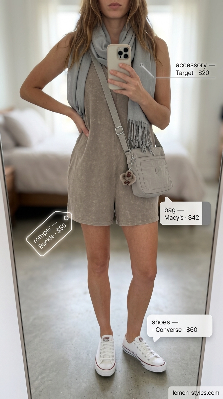 Taupe knit romper, grey scarf, white sneakers for casual summer romper outfits for women 2026.