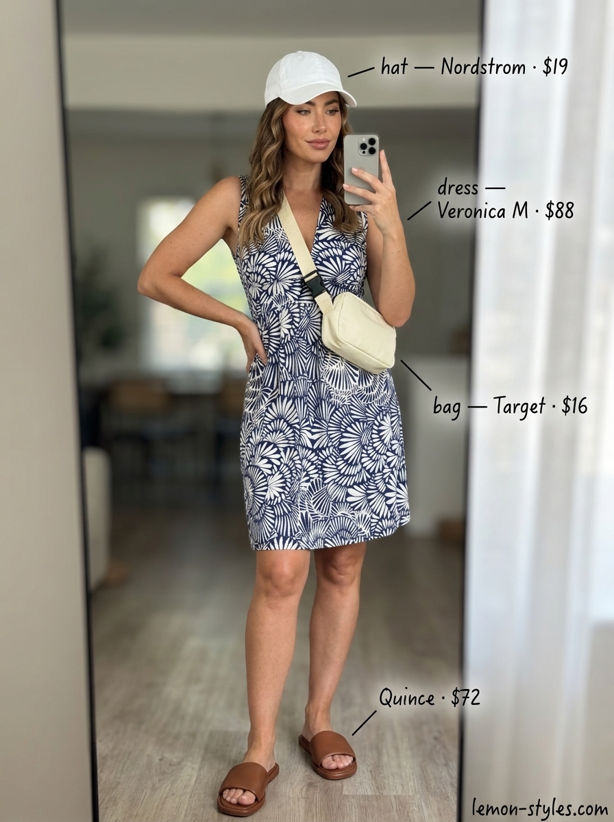 Casual Summer Wrap Dress Outfits 2026: Playful Romper Style Casual summer wrap dress outfits 2026: Coral romper, tan slides, canvas bag, white cap for playful look.