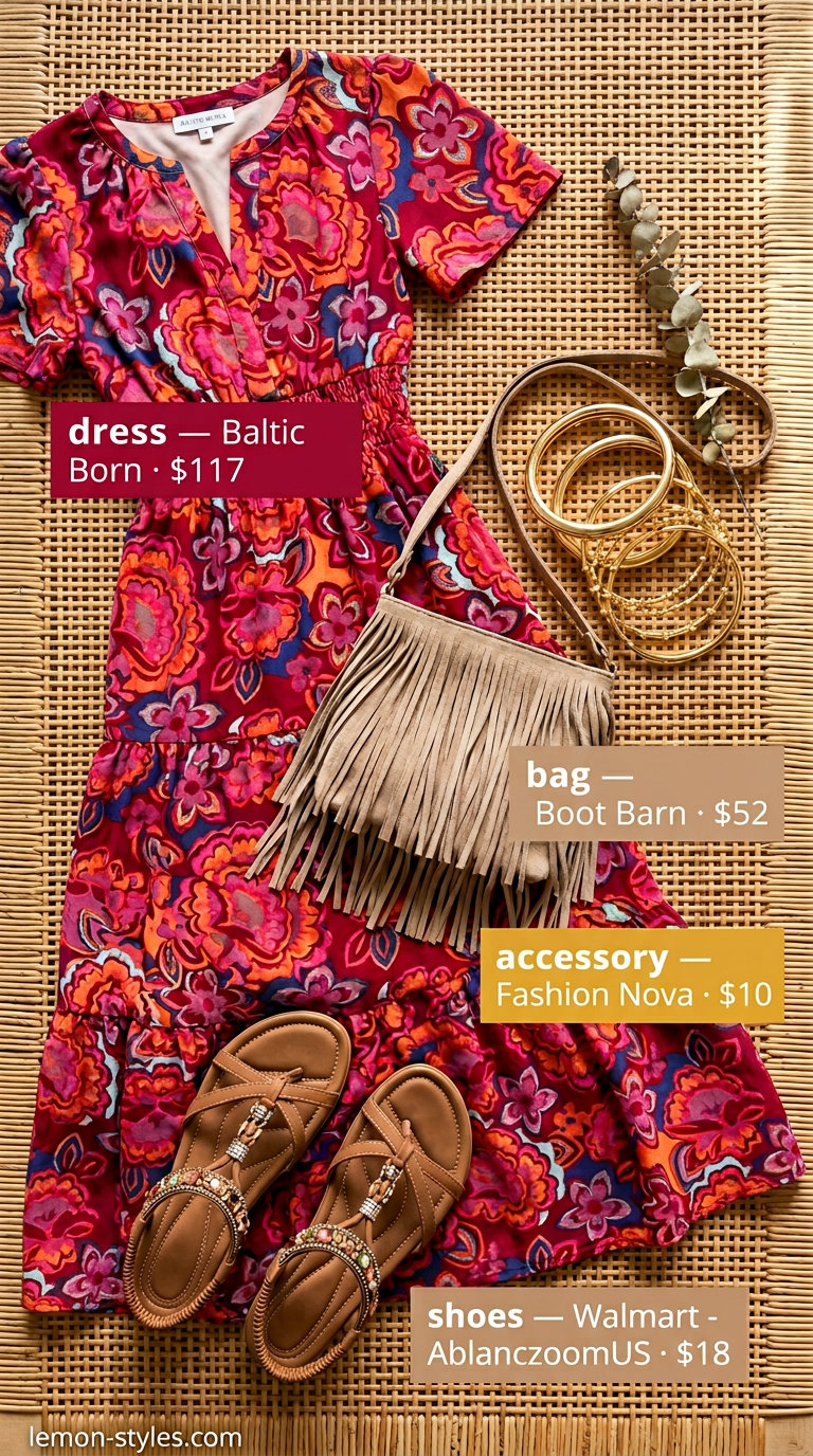 Boho Summer Wrap Dress Outfits 2026 | Festival Chic Boho maxi wrap dress outfit for summer 2026, featuring multicolor print, tan sandals, and fringe bag.