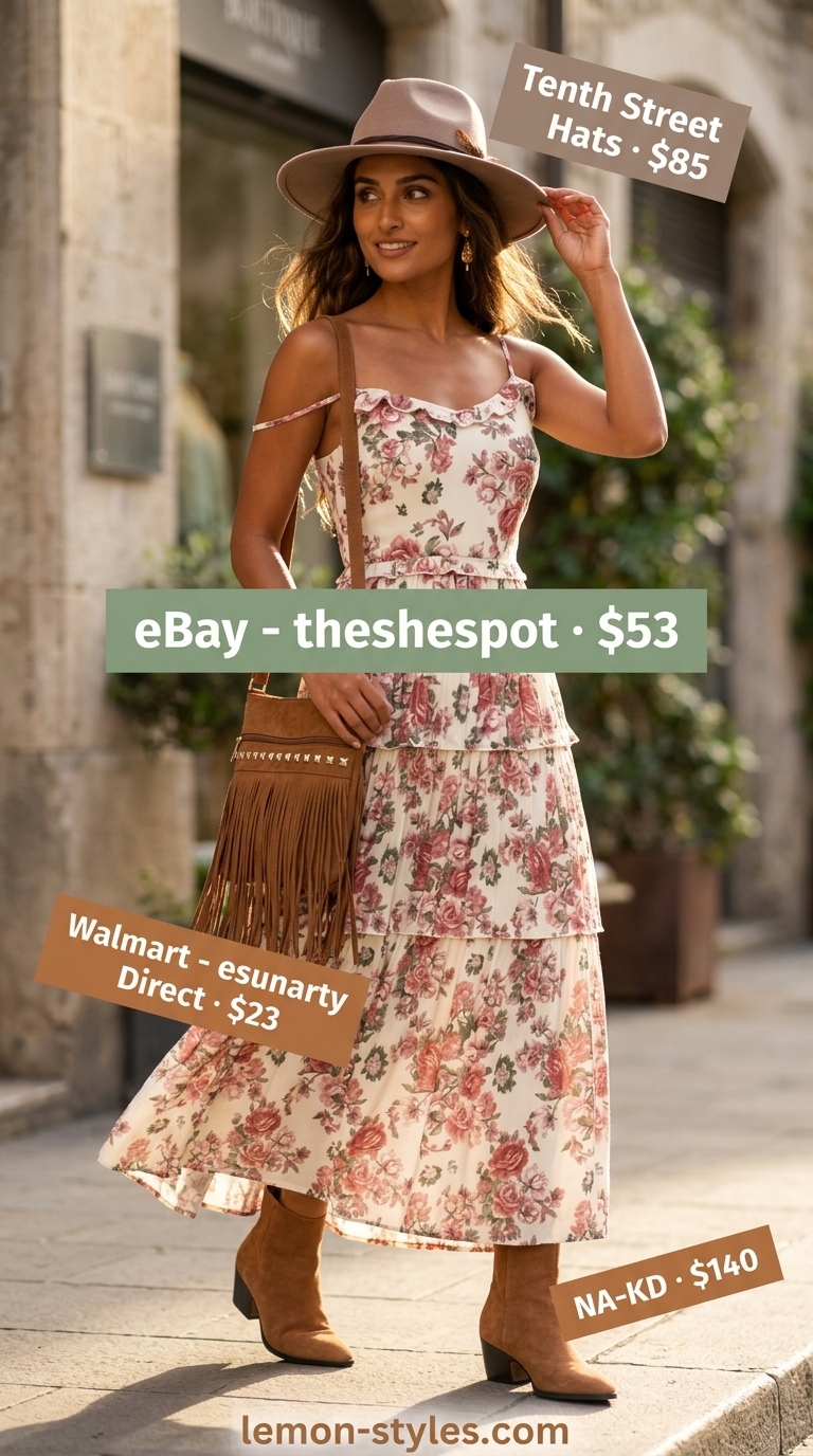 Casual Summer Wrap Dress Outfits 2026: Boho Maxi Style Casual summer wrap dress outfits 2026: Boho floral maxi dress, suede boots, wide brim hat for festivals.