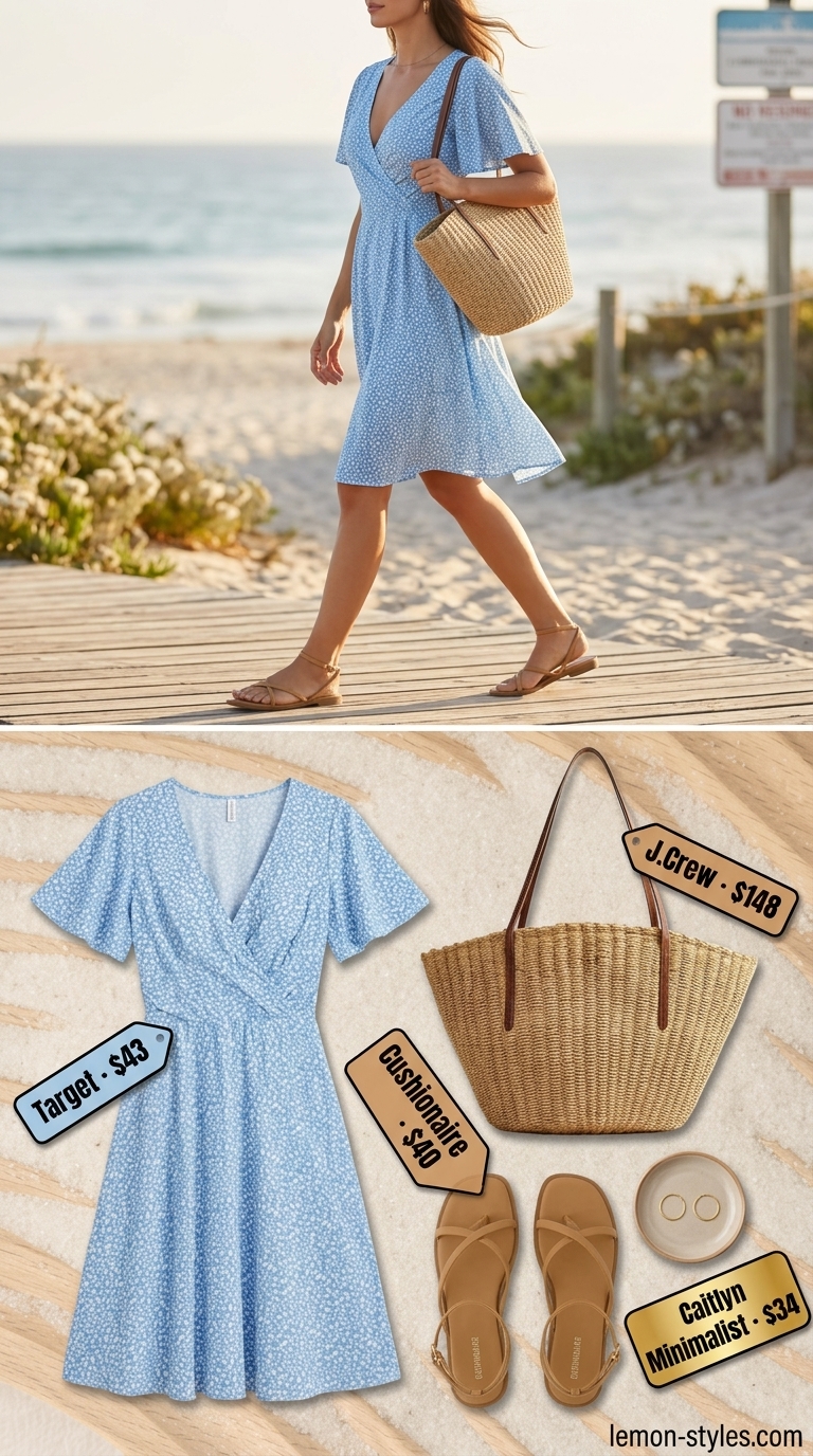 Casual Summer Wrap Dress Outfits 2026: Coastal Breeze Style Casual summer wrap dress outfits 2026: Light blue floral midi wrap dress, tan slides, straw tote for beach picnic.