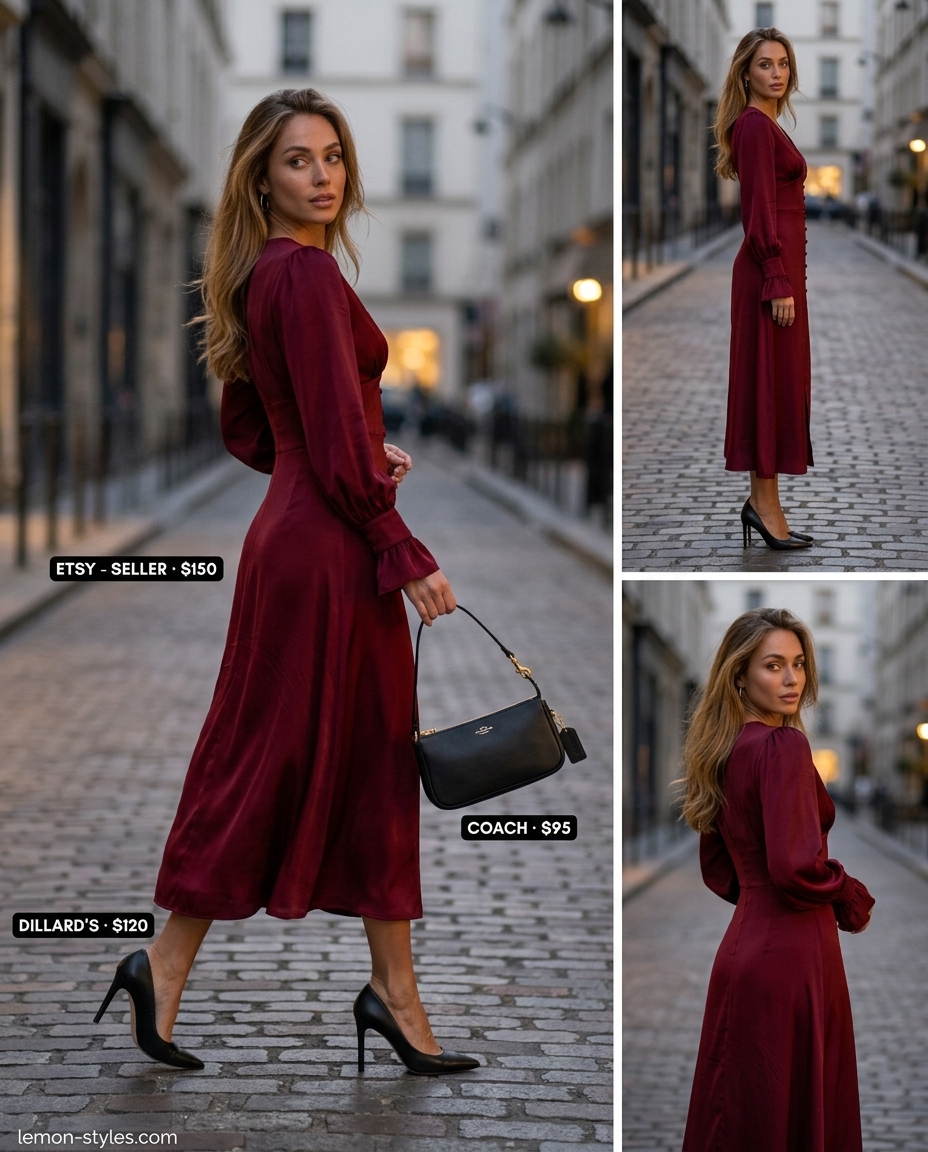 Casual Summer Wrap Dress Outfits 2026: Date Night Burgundy midi wrap dress with black pointed-toe heels for date night outfits 2026. Sophisticated and elegant.