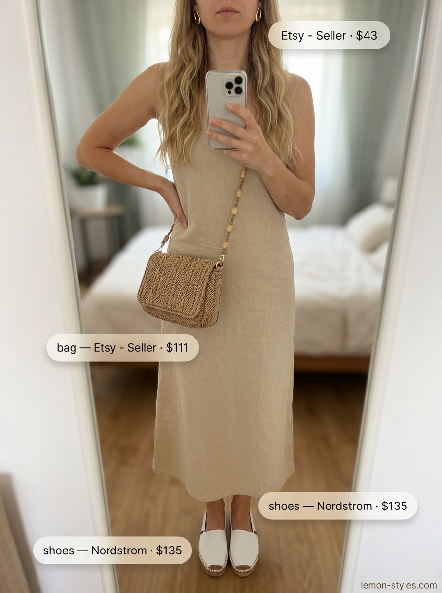 Casual Summer Wrap Dress Outfits 2026: Denim Daydream Style Casual summer wrap dress outfits 2026: Denim wrap dress, espadrilles, raffia crossbody for daytime events.
