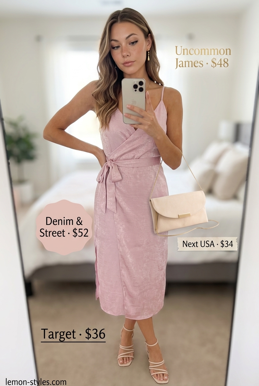 Casual Summer Wrap Dress Outfits 2026: Lavender Midi Lavender midi wrap dress with nude block heels for summer wedding guest outfits 2026. Elegant and feminine.