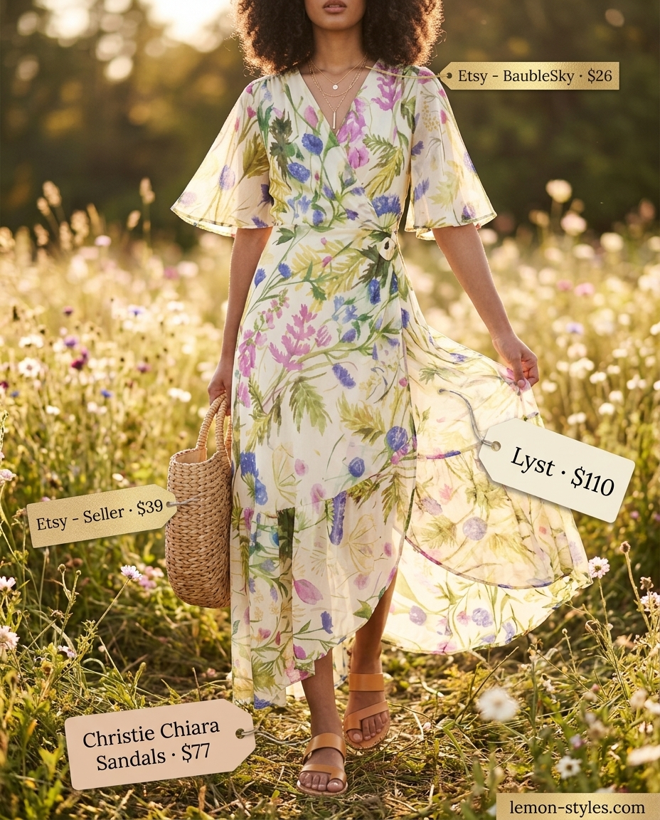 Casual Summer Wrap Dress Outfits 2026: Maxi Dress Floral print maxi wrap dress with straw tote for casual summer outfits 2026. Bohemian and carefree.